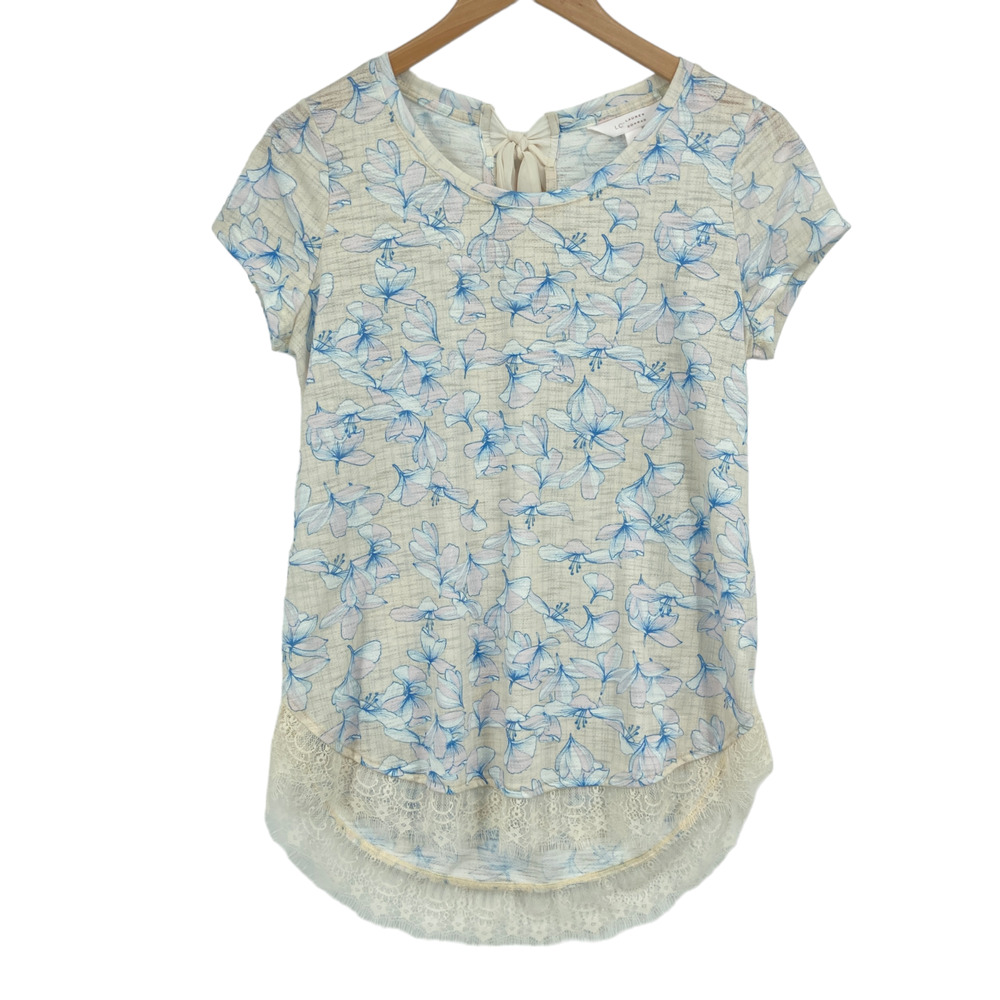 LC Lauren Conrad Blouse Top Womens Small Beige Blue Floral Short Sleeve Pullover